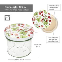 06-Sturz-TO-66-125ml-Wald-Erdbeere-Bemassung.jpg 25er Set Sturzglas 125 ml Marmeladenglas Einmachglas Einweckglas To 66 Wald-Erdbeeren Deckel incl. Diamant-Zucker Gelierzauber Rezeptheft_Bild_6