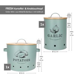 06-10899-10893-Arte-Regal-Fresh-Knoblauchtopf-Kartoffeltopf-Bemassung.jpg 2er Set Knoblauch- & Kartoffeltopf FRESH Mint aus Metall & Bambus – 10899 & 10893_Bild_7