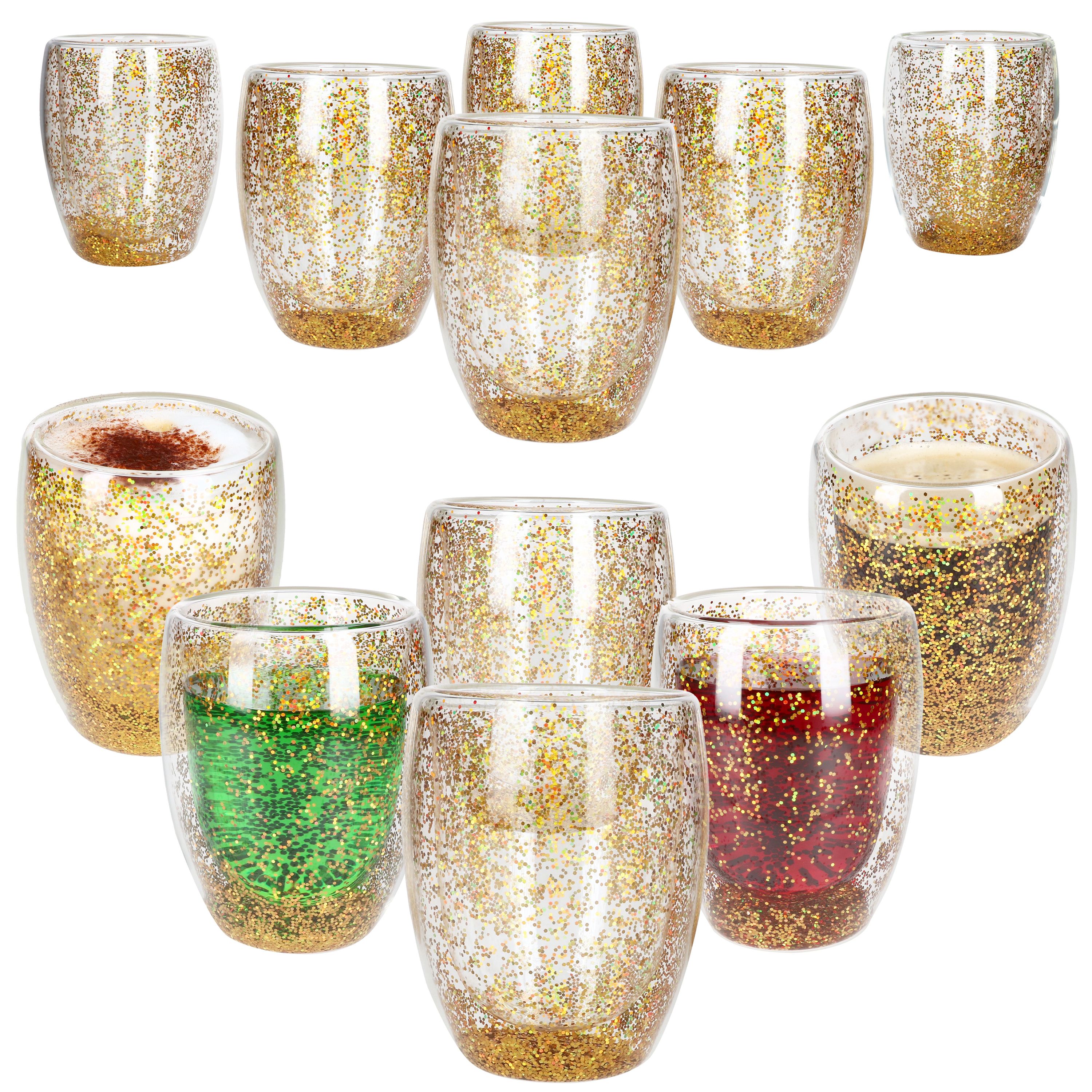 12er Set KONFETTI doppelwandige Gläser Gold Glitzer aus Glas - 27022367*****Standort: Teile-Regal 7