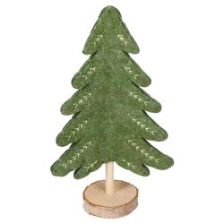 MOHLA Deko-Tanne grün mit Stickerei und Holzscheiben-Sockel – Einzelansicht schräg MOHLA Deko-Tanne grün mit Stickerei und Holzscheiben-Sockel – Einzelansicht schräg