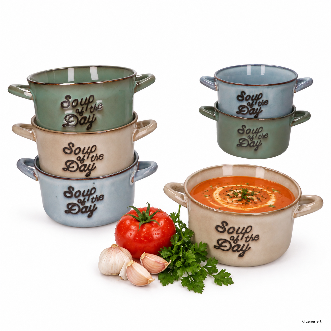 6er Set MICHEL Suppentasse mit Henkel je 2x Beige, Blau & Grün – Q97000260