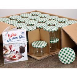 sturz-230-40erKarton-gruen-kariert-NEU.jpg 40er Set Sturzglas 230 ml mit grün kariertem Deckel inkl. Diamant Gelierzauber Rezeptheft_Bild_5