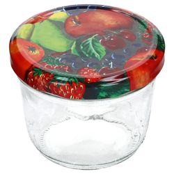 sturz-glas-obst-dekor-deckel-230ml-Einzeln-schraeg-mit-Deckel.jpg 40er Set Sturzglas 230 ml mit Obst Dekor Deckel inkl. Diamant Gelierzauber Rezeptheft_Bild_4