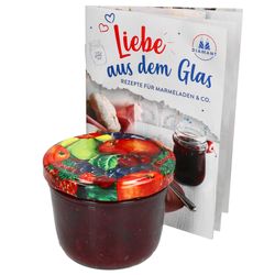 sturz-glas-obst-dekor-deckel-230ml-mit-Rezeptheft-und-Deko.jpg 40er Set Sturzglas 230 ml mit Obst Dekor Deckel inkl. Diamant Gelierzauber Rezeptheft_Bild_2