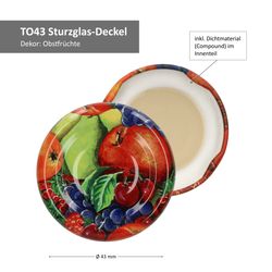 TO-43-Deckel-Bemassung-obstfruechte.jpg 50er Set Deckel To 43 Obstdekor incl. Diamant-Zucker Gelierzauber Rezeptheft_Bild_2