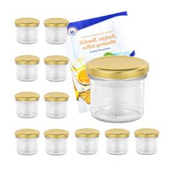 12er-125ml-gold.jpg 12er Set Sturzglas 125 ml Marmeladenglas Einmachglas Einweckglas To 66 goldener Deckel incl. Diamant-Zucker Gelierzauber Rezeptheft_Bild_2