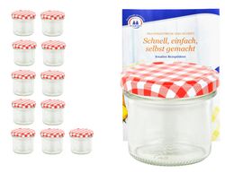 12er-125ml-rot-kariert.jpg 12er Set Sturzglas 125 ml To 66 rot karierter Deckel incl. Diamant-Zucker Gelierzauber Rezeptheft_Bild_1