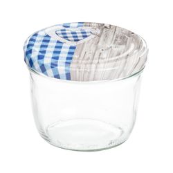 sturz-glas-holz-herz-blaukariert-deckel-230ml.jpg 25er Set Sturzglas 230 ml To 82 Holz Herz blau Deckel incl. Diamant Gelierzauber Rezeptheft_Bild_1