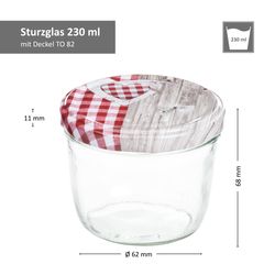 Sturz-230er-Bemassung-Holz-Herz-rotkariert-01.jpg 25er Set Sturzglas 230 ml To 82 Holz Herz rot Deckel incl. Diamant Gelierzauber Rezeptheft_Bild_5