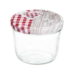 sturz-glas-holz-herz-rotkariert-deckel-230ml.jpg 25er Set Sturzglas 230 ml To 82 Holz Herz rot Deckel incl. Diamant Gelierzauber Rezeptheft_Bild_1