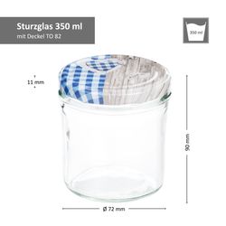 Sturz-350er-Bemassung-Holz-Herz-blau-kariert-01.jpg 50er Set Sturzglas 350 ml To 82 Deckel Holz-Herz blau incl. Diamant Gelierzauber Rezeptheft_Bild_5