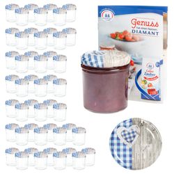 sturz-glas-holz-herz-blaukariert-deckel-350ml-50er-.jpg 50er Set Sturzglas 350 ml To 82 Deckel Holz-Herz blau incl. Diamant Gelierzauber Rezeptheft_Bild_6