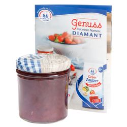 sturz-glas-holz-herz-blaukariert-deckel-350ml-rezep.jpg 50er Set Sturzglas 350 ml To 82 Deckel Holz-Herz blau incl. Diamant Gelierzauber Rezeptheft_Bild_4