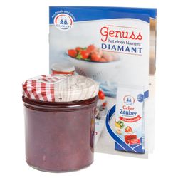 sturz-glas-holz-herz-rotkariert-deckel-350ml-rezept.jpg 12er Set Sturzglas 350 ml To 82 Deckel Holz-Herz rot incl. Diamant Gelierzauber Rezeptheft_Bild_4