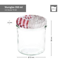 Sturz-350er-Bemassung-Holz-Herz-rot-kariert-01.jpg 25er Set Sturzglas 350 ml To 82 Deckel Holz-Herz rot incl. Diamant Gelierzauber Rezeptheft_Bild_5