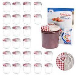 sturz-glas-holz-herz-rotkariert-deckel-350ml-25er-s.jpg 25er Set Sturzglas 350 ml To 82 Deckel Holz-Herz rot incl. Diamant Gelierzauber Rezeptheft_Bild_6