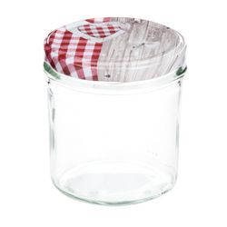 sturz-glas-holz-herz-rotkariert-deckel-350ml.jpg 25er Set Sturzglas 350 ml To 82 Deckel Holz-Herz rot incl. Diamant Gelierzauber Rezeptheft_Bild_1