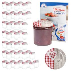 sturz-glas-holz-herz-rotkariert-deckel-350ml-50er-s.jpg 50er Set Sturzglas 350 ml To 82 Deckel Holz-Herz rot incl. Diamant Gelierzauber Rezeptheft_Bild_6