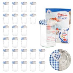 sturz-glas-holz-herz-blaukariert-deckel-435ml-25er-.jpg 25er Set Sturzglas 435 ml To 82 Deckel Holz Herz blau incl. Diamant Gelierzauber Rezeptheft_Bild_5