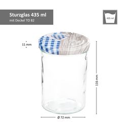 Sturz-435er-Bemassung-Holz-Herz-blau-kariert-01.jpg 50er Set Sturzglas 435 ml To 82 Deckel Holz Herz blau incl. Diamant Gelierzauber Rezeptheft_Bild_4