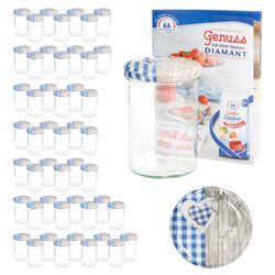 sturz-glas-holz-herz-blaukariert-deckel-435ml-50er-.jpg 50er Set Sturzglas 435 ml To 82 Deckel Holz Herz blau incl. Diamant Gelierzauber Rezeptheft_Bild_5