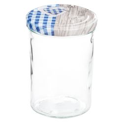sturz-glas-holz-herz-blaukariert-deckel-435ml.jpg 50er Set Sturzglas 435 ml To 82 Deckel Holz Herz blau incl. Diamant Gelierzauber Rezeptheft_Bild_1