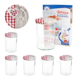 sturz-glas-holz-herz-rotkariert-deckel-435ml-6er-se.jpg 6er Set Sturzglas 435 ml To 82 Deckel Holz Herz rot incl. Diamant Gelierzauber Rezeptheft_Bild_1