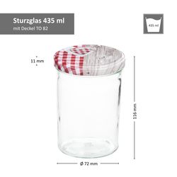 Sturz-435er-Bemassung-Holz-Herz-rot-kariert-01.jpg 12er Set Sturzglas 435 ml To 82 Deckel Holz Herz rot incl. Diamant Gelierzauber Rezeptheft_Bild_4