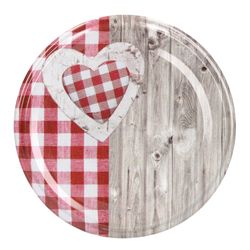 Sturz-Holz-Herz-rotkariert-Deckel-TO82-aussen.jpg 12er Set Sturzglas 435 ml To 82 Deckel Holz Herz rot incl. Diamant Gelierzauber Rezeptheft_Bild_2