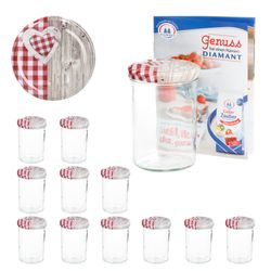 sturz-glas-holz-herz-rotkariert-deckel-435ml-12er-s.jpg 12er Set Sturzglas 435 ml To 82 Deckel Holz Herz rot incl. Diamant Gelierzauber Rezeptheft_Bild_5