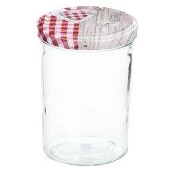 sturz-glas-holz-herz-rotkariert-deckel-435ml.jpg 12er Set Sturzglas 435 ml To 82 Deckel Holz Herz rot incl. Diamant Gelierzauber Rezeptheft_Bild_1