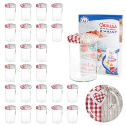 sturz-glas-holz-herz-rotkariert-deckel-435ml-25er-s.jpg 25er Set Sturzglas 435 ml To 82 Deckel Holz Herz rot incl. Diamant Gelierzauber Rezeptheft_Bild_5