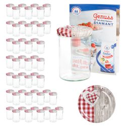 sturz-glas-holz-herz-rotkariert-deckel-435ml-50er-s.jpg 50er Set Sturzglas 435 ml To 82 Deckel Holz Herz rot incl. Diamant Gelierzauber Rezeptheft_Bild_5
