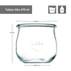 07-WECK-Tulpenglas-370ml-Bemassung.jpg 18er Set Weck Gläser 370ml Tulpenglas mit 18 Glasdeckeln inkl Rezeptheft_Bild_7