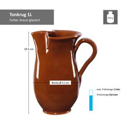 Arte-Real-Tonkruege--1L-Bemassung1.jpg 5tlg. Tongeschirr Set Tonkrug 1L + 4 Tonbecher 175ml braun glasiert_Bild_2