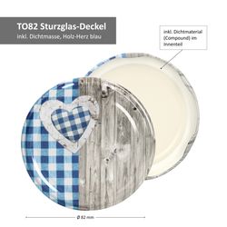 TO-82-Deckelmotive-Holz-Herz-blau-Bemassung.jpg 50er Set Deckel To 82 Holz-Herz blau passend für 230ml / 350ml / 435ml Gläser incl. Diamant-Zucker Gelierzauber Rezeptheft_Bild_2
