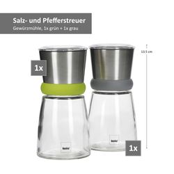 04-11666-kela-molinio-gewuerzmuehlen-gruen-grau-bemassung.jpg Geschenkset 2x Gewürzmühle + 10x Gewürzglas 300ml mit Korkdeckel_Bild_4