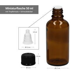 02-50ml-Miniaturflaschen-Tropfer-bemassung-01.jpg 5er Set Apothekerflaschen Glasflasche braun 50ml mit Tropf-Deckel_Bild_2