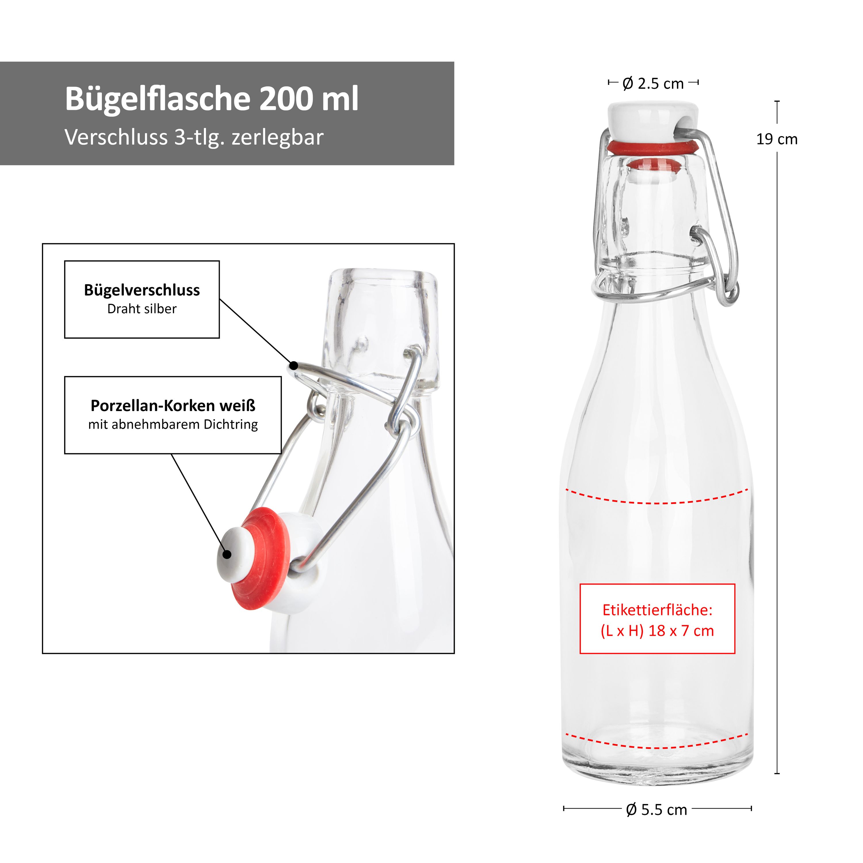 12er Set Bügelflasche 200 ml + Bügelverschluss - Glasflasche für Most, Saft, Bier, Schnaps, Likör, Essig & Öl