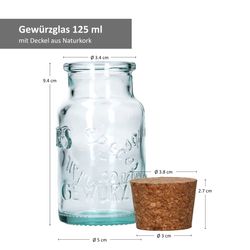 05-VE-Gewuerzglas-125ml-bemassung.jpg 6er Set Gewürzgläser grün 125ml + Korken - zur Aufbewahrung von Kräutern & Gewürzen_Bild_5