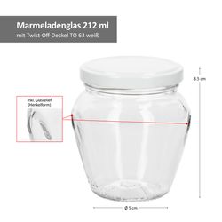 06-VE-Marmeladenglas-212ml-Glas-bemassung.jpg 18er Set Marmeladenglas Vaso Orcio 212ml + To63 Deckel weiß_Bild_5