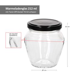 06-VE-Marmeladenglas-212ml-Glas-Deckel-Schwarz-bemassung.jpg 18er Set Marmeladenglas Vaso Orcio 212ml + To63 Deckel Schwarz_Bild_5