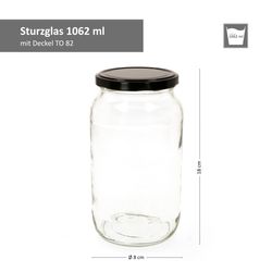 1062er-Sturz-Bemassung-Schwarz.jpg 12er Set Rundglas 1062 ml To 82 Schwarzer Deckel incl. Diamant Gelierzauber Rezeptheft_Bild_3