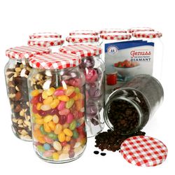 1062GlaeserRotKarriert12erSet.jpg 12er Set Rundglas 1062 ml To 82 rot karierter Deckel incl. Diamant Gelierzauber Rezeptheft_Bild_1