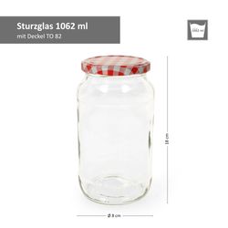 1062er-Sturz-Bemassung-Rot-Weiss-kariert.jpg 12er Set Rundglas 1062 ml To 82 rot karierter Deckel incl. Diamant Gelierzauber Rezeptheft_Bild_3