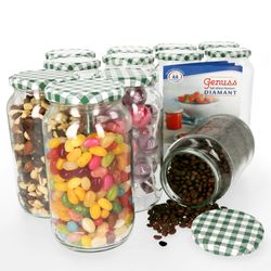 1062GlaeserGruenKarriert12erSet.jpg 12er Set Rundglas 1062 ml To 82 grün karierter Deckel incl. Diamant Gelierzauber Rezeptheft_Bild_1