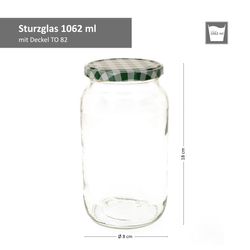1062er-Sturz-Bemassung-Gruen-Weiss-kariert.jpg 12er Set Rundglas 1062 ml To 82 grün karierter Deckel incl. Diamant Gelierzauber Rezeptheft_Bild_3
