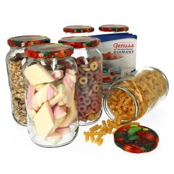 1062GlaeserObst6erSet.jpg 6er Set Rundglas 1062 ml To 82 Obst Dekor Deckel incl. Diamant Gelierzauber Rezeptheft_Bild_1