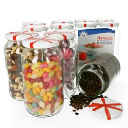 1062GlaeserSchleife12erSet.jpg 12er Set Rundglas 1062 ml To 82 Schleifendekor Deckel incl. Diamant Gelierzauber Rezeptheft_Bild_1