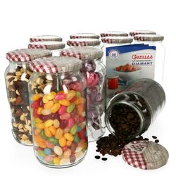 1062GlaeserRotKarriertHerz12erSet.jpg 12er Set Rundglas 1062 ml To 82 Holz Herz rot Deckel incl. Diamant Gelierzauber Rezeptheft_Bild_1